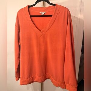 Orvis burnt Orange V-Neck Fleece Pullover XL Cozy Soft Casual Sweatshirt Top